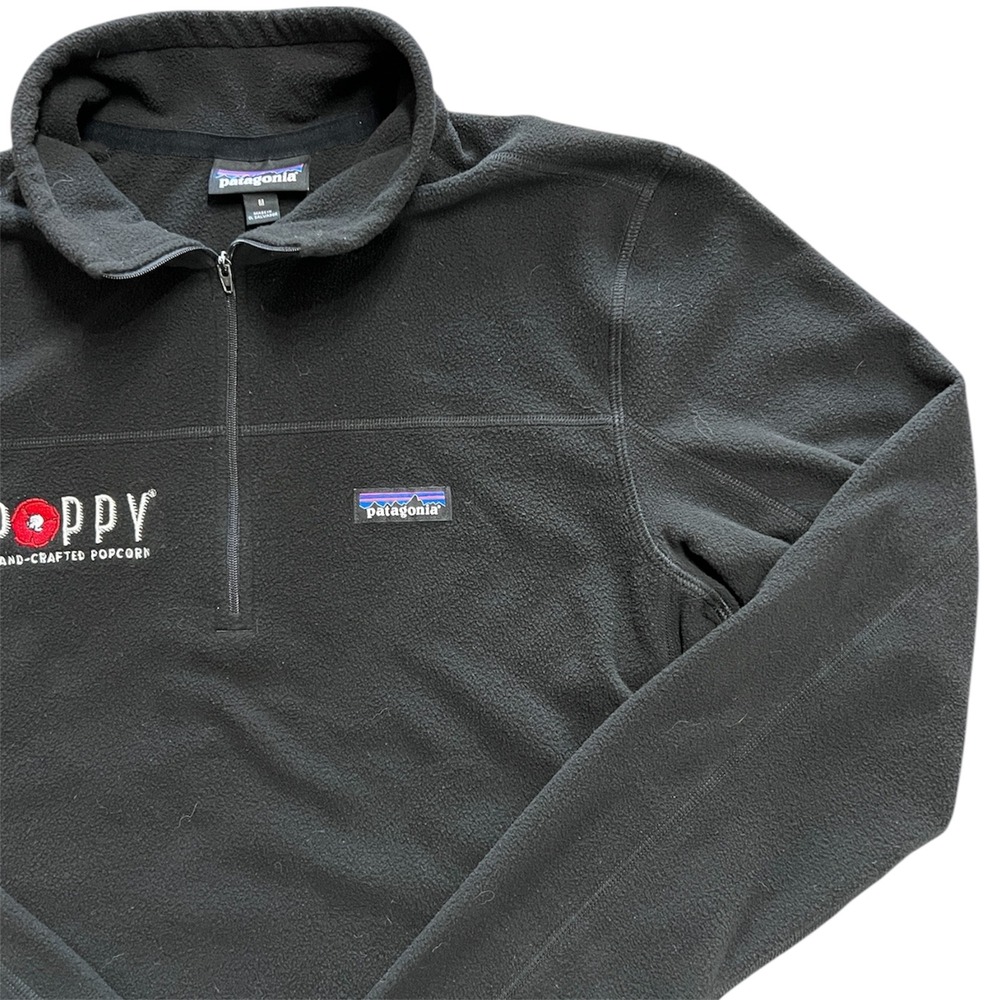 Patagonia Fleece Pullover Black Poppy Hand Crafted Popcorn Logo Women Medium